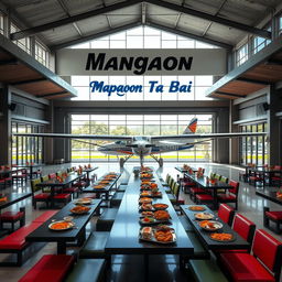 An expansive dining space within a canteen located inside a modern building, featuring a Cessna aircraft parked stylishly beside the structure