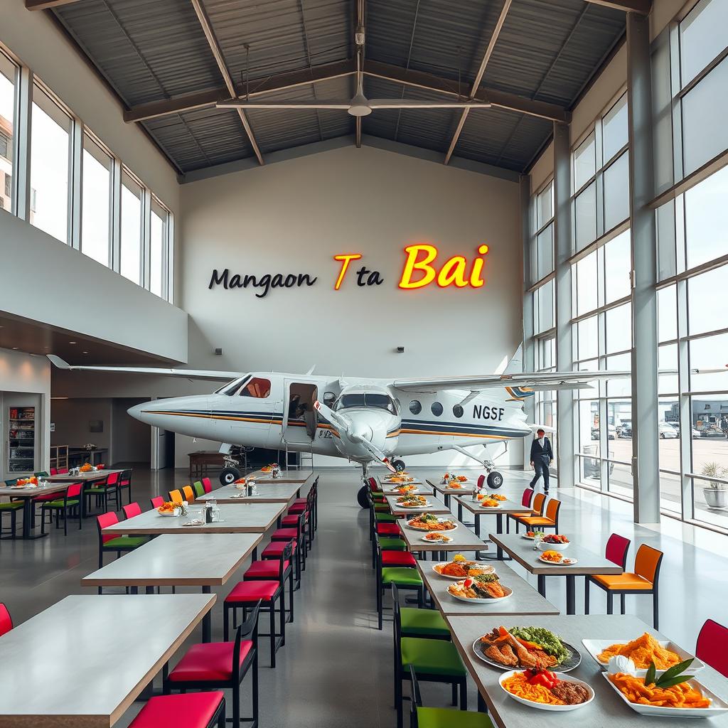 An expansive dining space within a canteen located inside a modern building, featuring a Cessna aircraft parked stylishly beside the structure