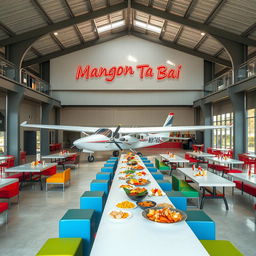 An expansive dining space within a canteen located inside a modern building, featuring a Cessna aircraft parked stylishly beside the structure