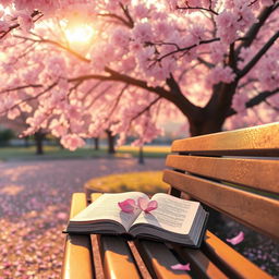 An empty park bench positioned under a magnificent cherry blossom tree, with delicate pink petals gently falling around it in the warm golden light of the setting sun