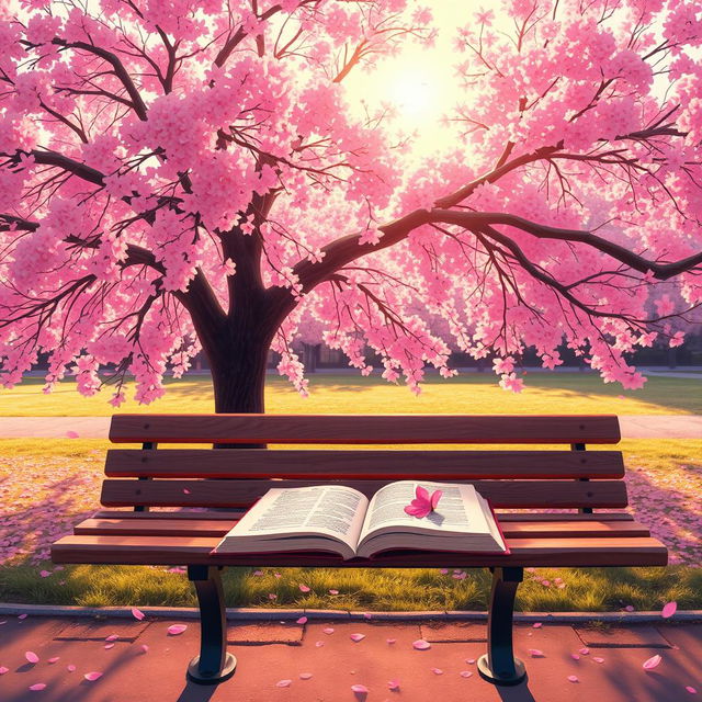 An empty park bench positioned under a magnificent cherry blossom tree, with delicate pink petals gently falling around it in the warm golden light of the setting sun