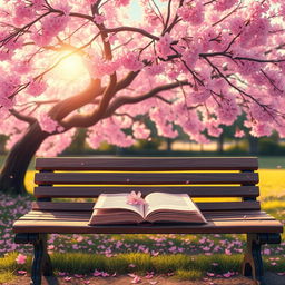 An empty park bench positioned under a magnificent cherry blossom tree, with delicate pink petals gently falling around it in the warm golden light of the setting sun