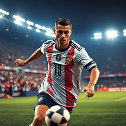 A dynamic and powerful portrait of Cristiano Ronaldo, showcasing his athleticism and charisma on a soccer field