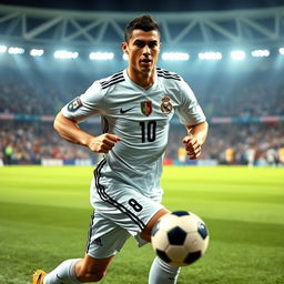A dynamic and powerful portrait of Cristiano Ronaldo, showcasing his athleticism and charisma on a soccer field