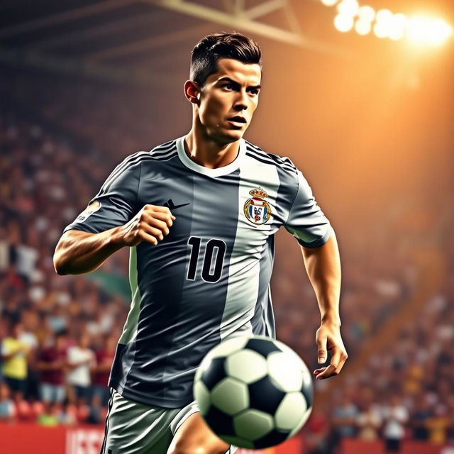 A dynamic and powerful portrait of Cristiano Ronaldo, showcasing his athleticism and charisma on a soccer field