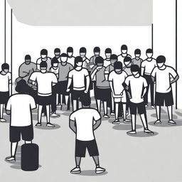 A minimalist vector art image vividly portraying the struggle of illegal immigrants who are finding it hard to comprehend in a gym class, which they share with English-speaking citizen students