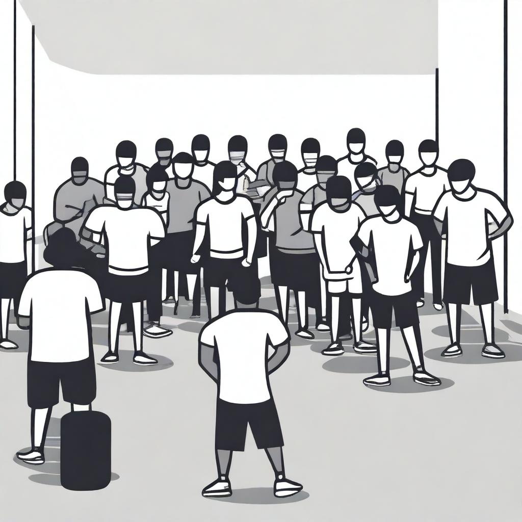 A minimalist vector art image vividly portraying the struggle of illegal immigrants who are finding it hard to comprehend in a gym class, which they share with English-speaking citizen students