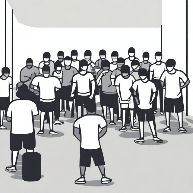 A minimalist vector art image vividly portraying the struggle of illegal immigrants who are finding it hard to comprehend in a gym class, which they share with English-speaking citizen students