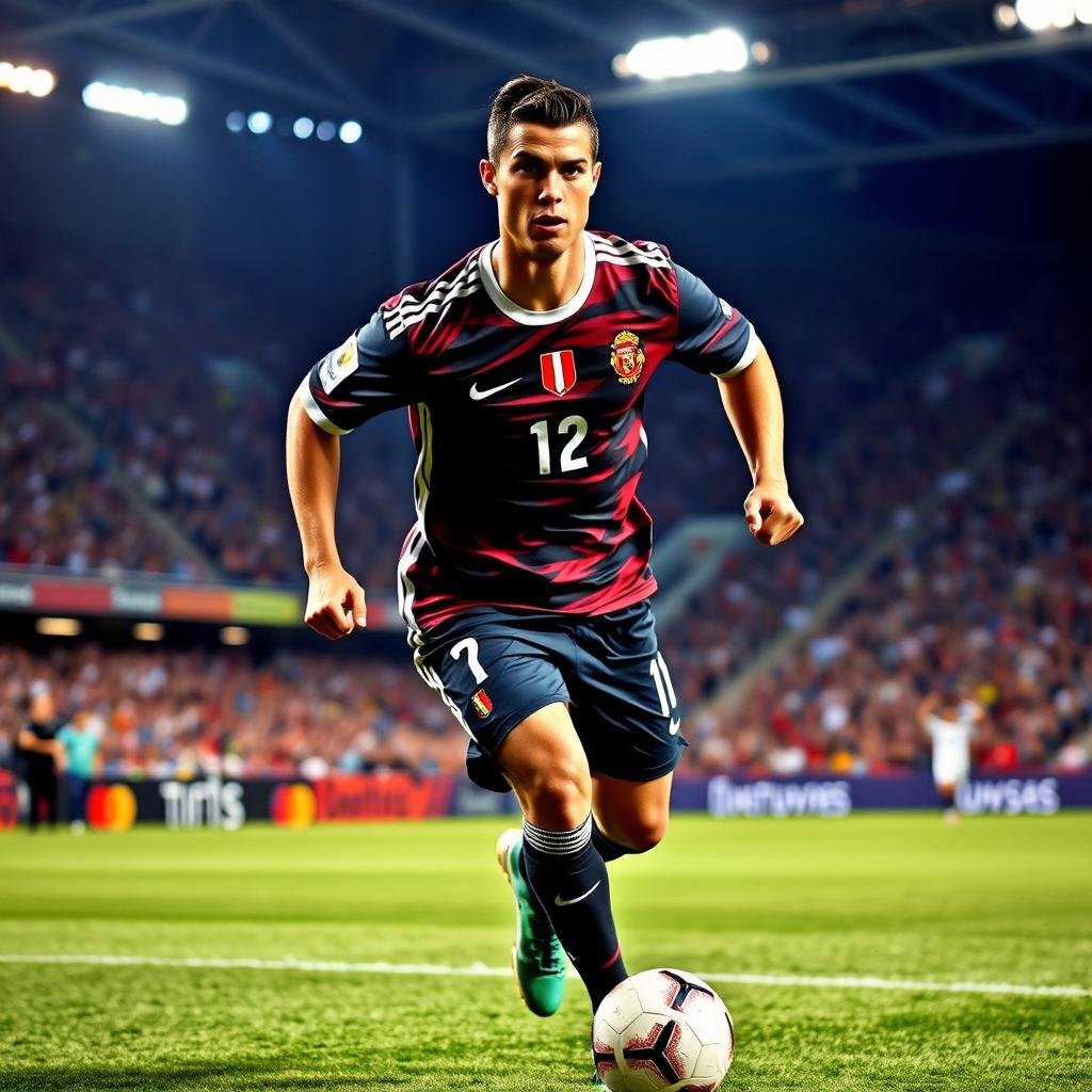 A dynamic and powerful portrait of Cristiano Ronaldo, showcasing his athleticism and charisma on a soccer field