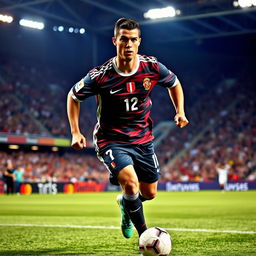 A dynamic and powerful portrait of Cristiano Ronaldo, showcasing his athleticism and charisma on a soccer field