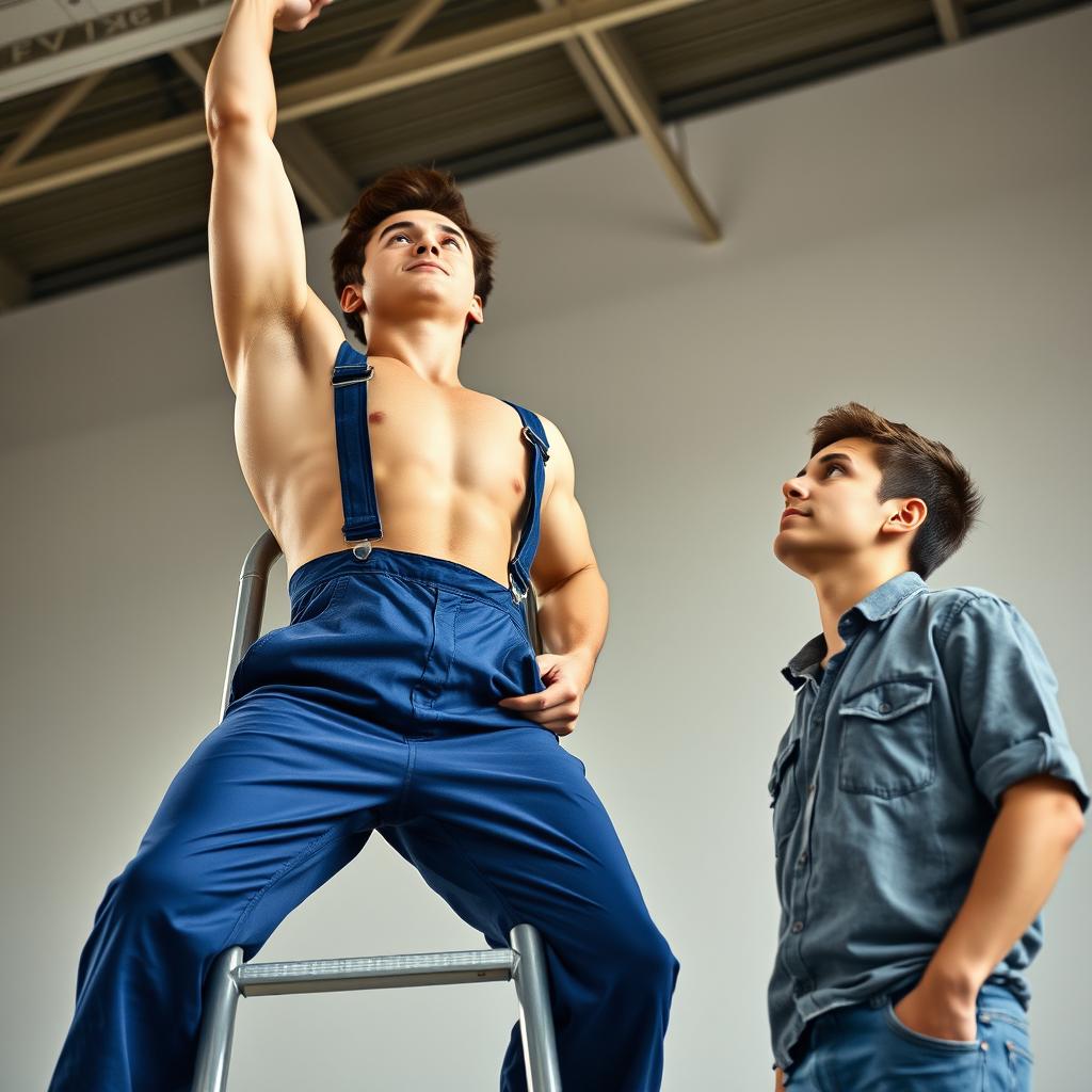 A young man in his mid-20s is standing on a tall folding ladder, wearing a blue boiler suit