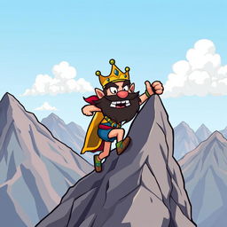 A cartoon-style illustration of King Wart (Mamu) wearing his distinctive crown and royal attire, energetically climbing a steep mountain