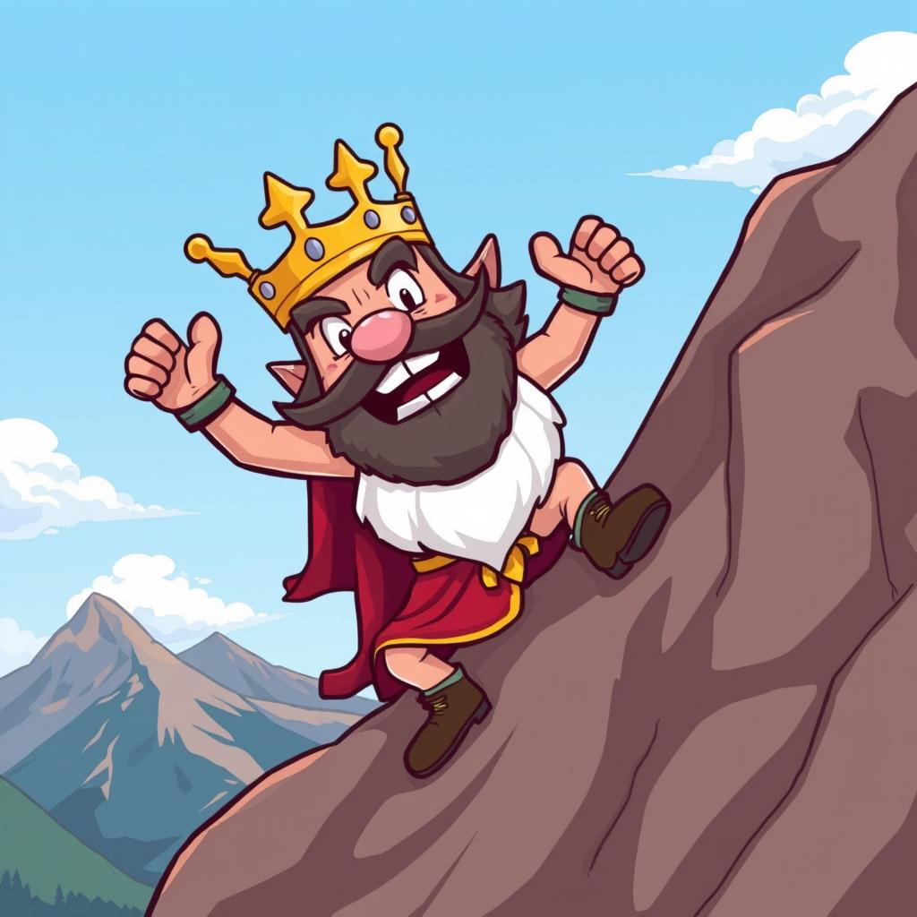 A cartoon-style illustration of King Wart (Mamu) wearing his distinctive crown and royal attire, energetically climbing a steep mountain