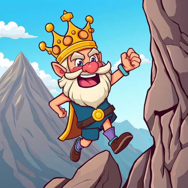 A cartoon-style illustration of King Wart (Mamu) wearing his distinctive crown and royal attire, energetically climbing a steep mountain