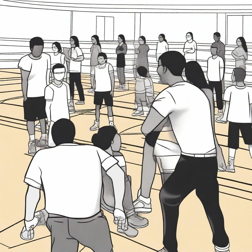 A simple vector art image that effectively illustrates the struggle of illegal immigrants trying to assimilate into a gym class alongside English-speaking citizen students