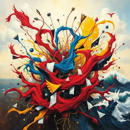 An abstract representation of chaos in life, featuring vibrant swirls of colors like red, blue, and yellow symbolizing emotions