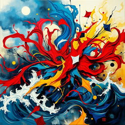 An abstract representation of chaos in life, featuring vibrant swirls of colors like red, blue, and yellow symbolizing emotions