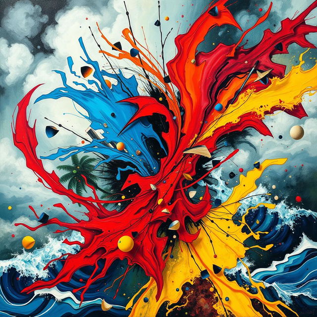 An abstract representation of chaos in life, featuring vibrant swirls of colors like red, blue, and yellow symbolizing emotions