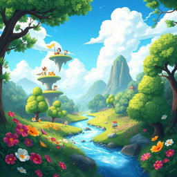 A vibrant and dynamic 2D landscape for an Android game, featuring lush green forests, colorful flowers, and an inviting blue sky