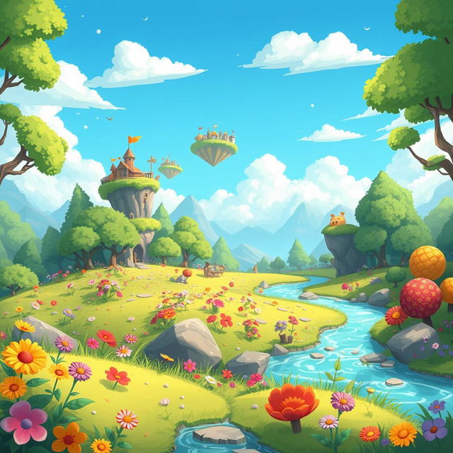 A vibrant and dynamic 2D landscape for an Android game, featuring lush green forests, colorful flowers, and an inviting blue sky