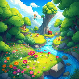 A vibrant and dynamic 2D landscape for an Android game, featuring lush green forests, colorful flowers, and an inviting blue sky