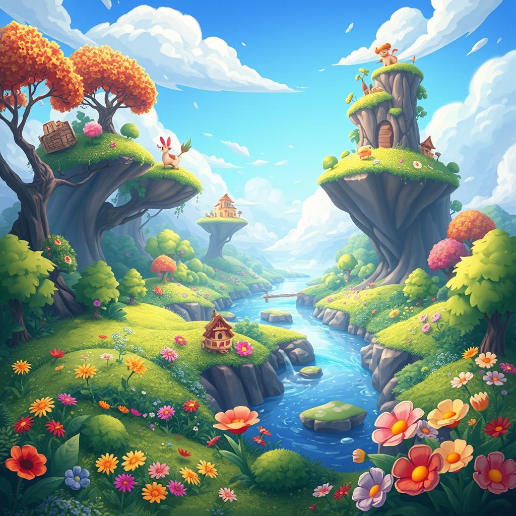 A vibrant and dynamic 2D landscape for an Android game, featuring lush green forests, colorful flowers, and an inviting blue sky