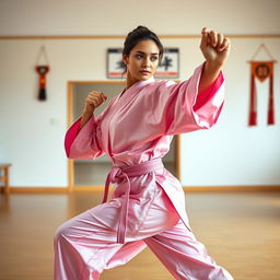 A beautiful martial arts instructor wearing a stunning pink silk satin karate gi, gracefully posed in a dynamic martial arts stance