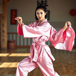 A beautiful martial arts instructor wearing a stunning pink silk satin karate gi, gracefully posed in a dynamic martial arts stance