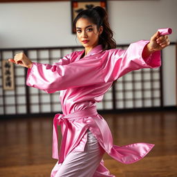 A beautiful martial arts instructor wearing a stunning pink silk satin karate gi, gracefully posed in a dynamic martial arts stance