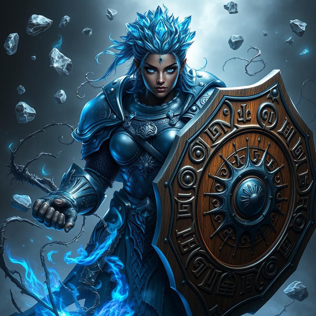 A heavy-set dark-skinned female warrior with striking bright blue eyes and hair made of shimmering blue crystals