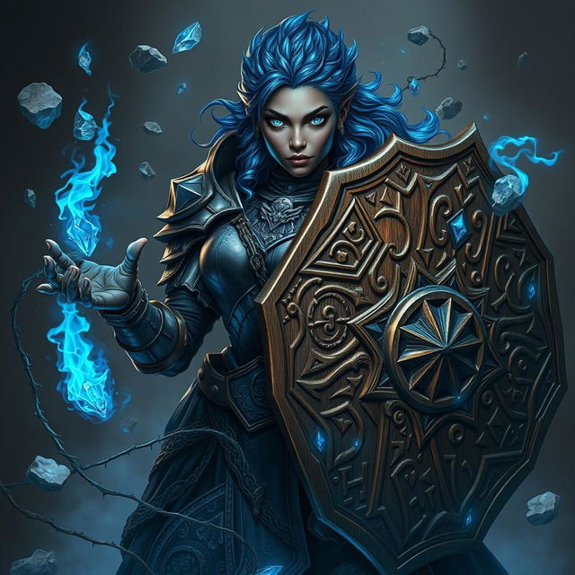 A heavy-set dark-skinned female warrior with striking bright blue eyes and hair made of shimmering blue crystals