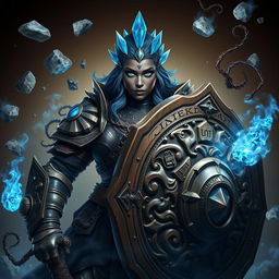 A heavy-set dark-skinned female warrior with striking bright blue eyes and hair made of shimmering blue crystals