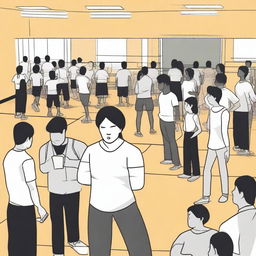 A simple vector art image that effectively illustrates the struggle of illegal immigrants trying to assimilate into a gym class alongside English-speaking citizen students