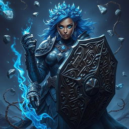 A heavy-set dark-skinned female warrior with striking bright blue eyes and hair made of shimmering blue crystals