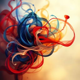 A beautiful abstract representation of tangled emotions, combining vivid swirls of colors like deep blues, fiery reds, and soft yellows