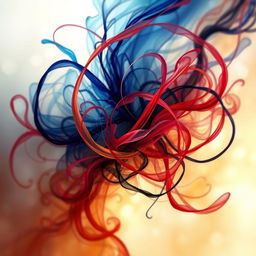 A beautiful abstract representation of tangled emotions, combining vivid swirls of colors like deep blues, fiery reds, and soft yellows