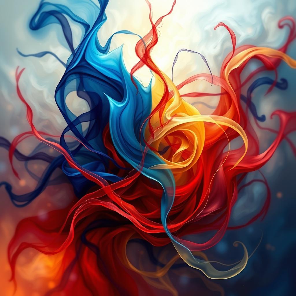 A beautiful abstract representation of tangled emotions, combining vivid swirls of colors like deep blues, fiery reds, and soft yellows