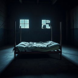 A tattered mattress lying on a rusty bedframe in an empty, dark warehouse, with four tall metal poles positioned at each corner of the bedframe