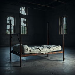 A tattered mattress lying on a rusty bedframe in an empty, dark warehouse, with four tall metal poles positioned at each corner of the bedframe