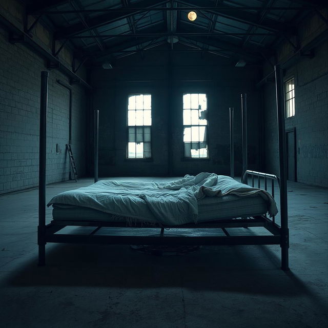 A tattered mattress lying on a rusty bedframe in an empty, dark warehouse, with four tall metal poles positioned at each corner of the bedframe