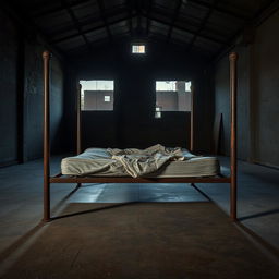 A tattered mattress lying on a rusty bedframe in an empty, dark warehouse, with four tall metal poles positioned at each corner of the bedframe