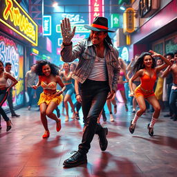 A vibrant and dynamic dance tribute to Michael Jackson, featuring dancers performing iconic moves in a colorful, energetic street setting
