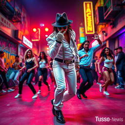 A vibrant and dynamic dance tribute to Michael Jackson, featuring dancers performing iconic moves in a colorful, energetic street setting