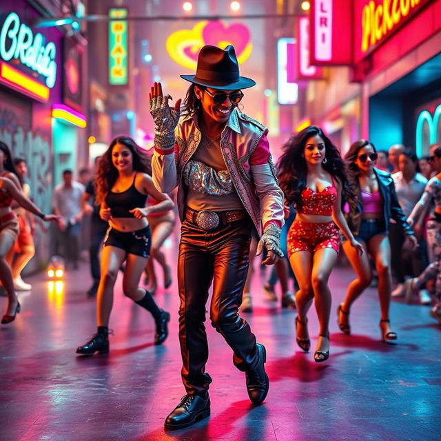 A vibrant and dynamic dance tribute to Michael Jackson, featuring dancers performing iconic moves in a colorful, energetic street setting