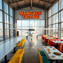 An intriguing canteen dining space located inside a modern building, featuring a Cessna aircraft positioned prominently within the interior