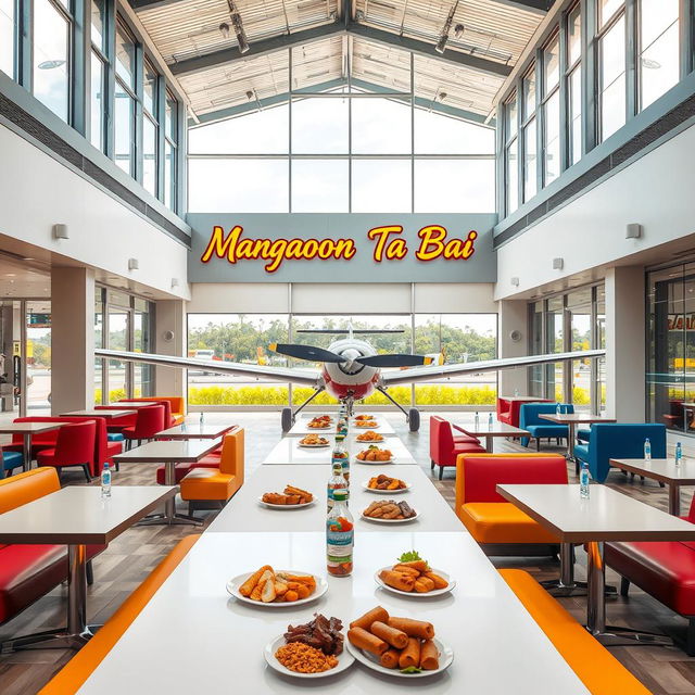 An intriguing canteen dining space located inside a modern building, featuring a Cessna aircraft positioned prominently within the interior