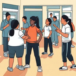 A simple vector art image vividly highlighting the struggle of assimilation for undocumented immigrant students in a gym class shared with English-speaking students