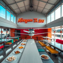 An intriguing canteen dining space located inside a modern building, featuring a Cessna aircraft positioned prominently within the interior