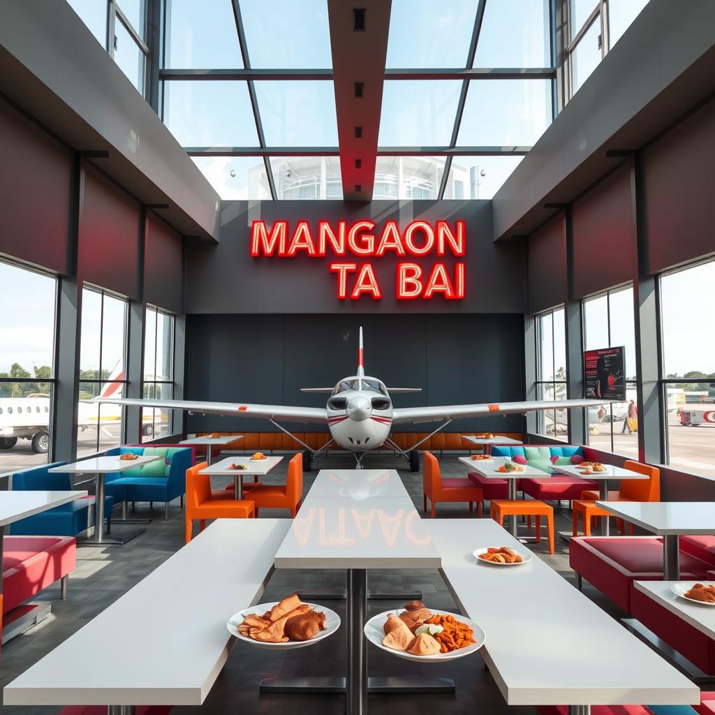 An intriguing canteen dining space located inside a modern building, featuring a Cessna aircraft positioned prominently within the interior