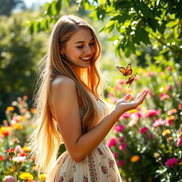 A beautiful young woman with long flowing hair, wearing an elegant summer dress, standing in a sunlit garden filled with colorful flowers